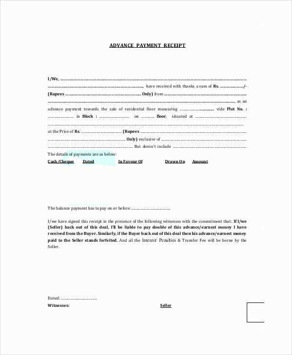 down payment receipt for work agreement template