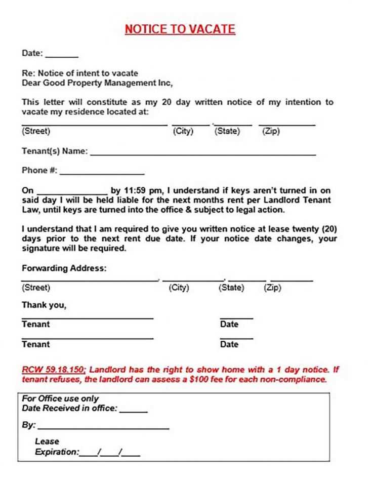 landlord receipt of notice to vacate template